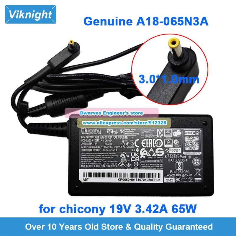 

Genuine 65W CHICONY A18-065N3A AC Adapter 19V 3.42A Laptop Charger Power Supply A065R178P REV01 REV02 3.0x1.1mm Tip