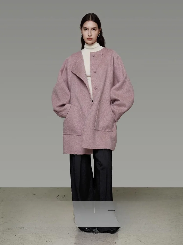 

Розовое шерстяное двустороннее пальто из твида для женщин, свободного кроя, средней длины, шерстяная верхняя одежда, эксклюзивно онлайн, для повседневной носки