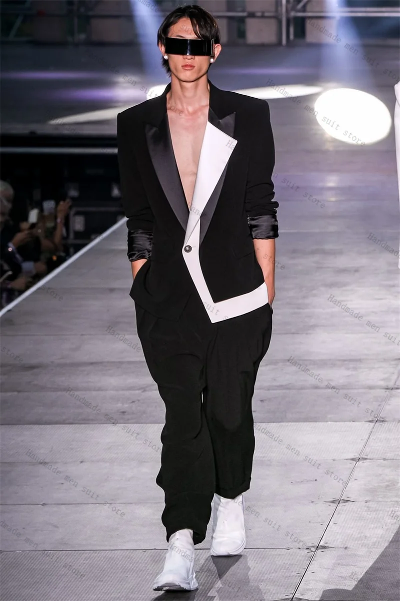 

Black Men Suit Set 2 Pcs Blazer+Pants Trousers White Lapel Formal Office Coat Autumn Groom Wedding Tuxedo Customized Jacket