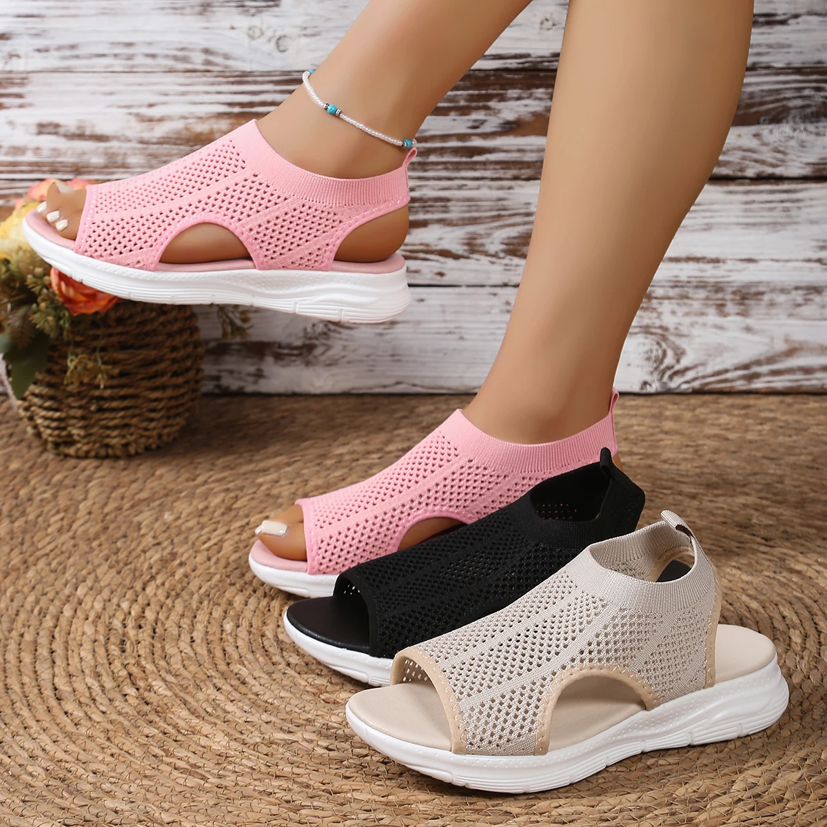 Women Sandals Breathable Knit Open Toe Shoes Comfortable Slip-On Sandals Low Heel with Durable Rubber Sole Shoes for Women