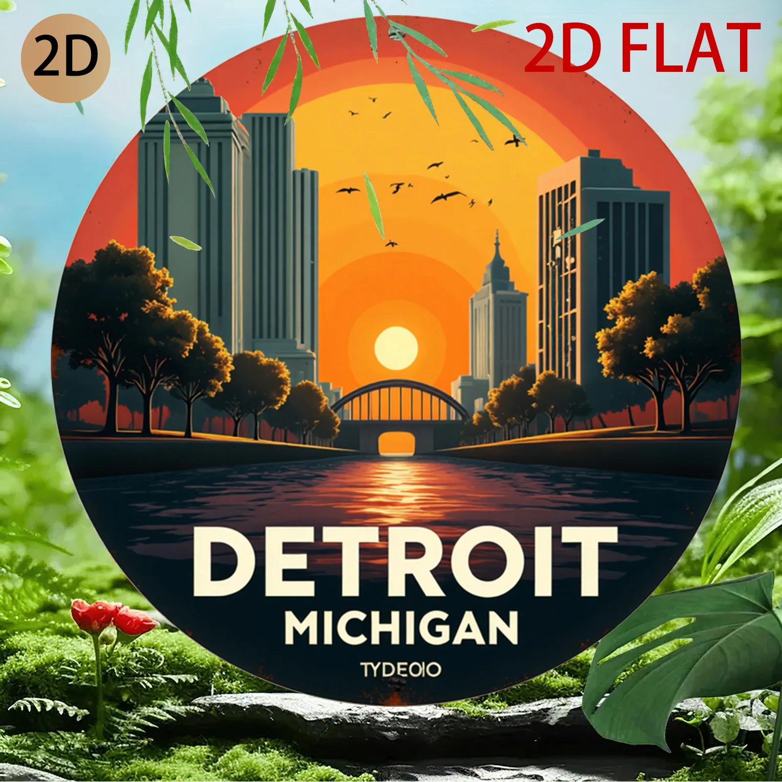 2D Flat, 2d Flat Vintage Detroit Michigan Metal Sign Sunset Skyline Round Wall Art Decor for Home Office Bar Garage Travel Souve