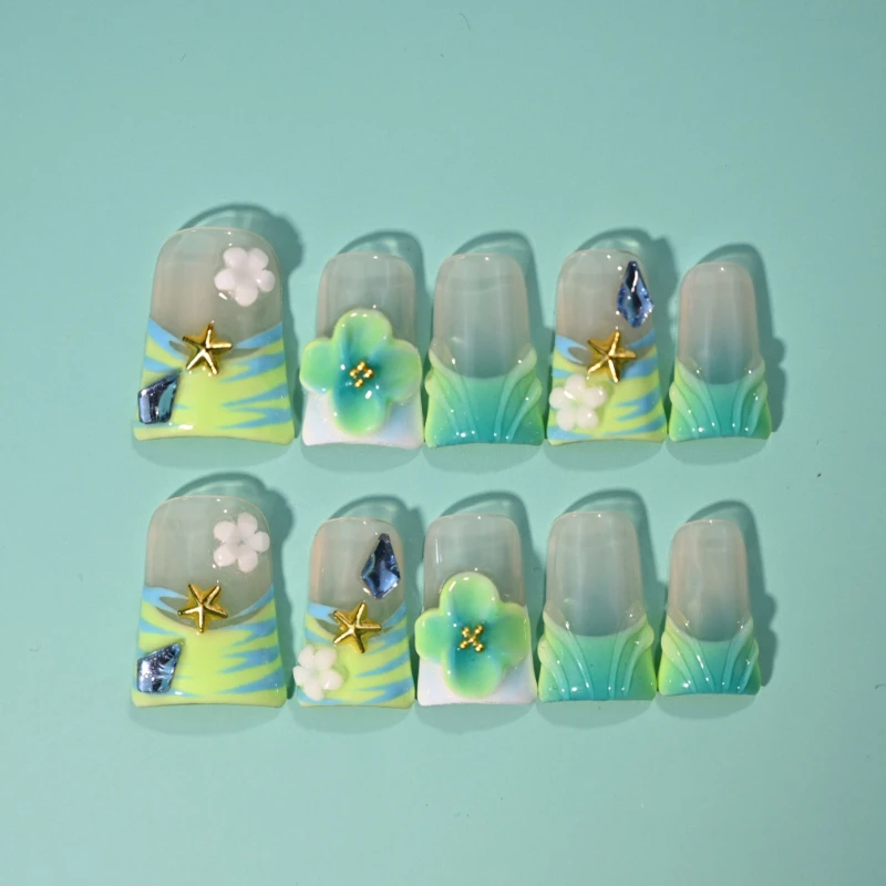

Handmade Sea Salt Dopamine Press On Nails 3D Sea Flower Star Decor Summer Transparent Vibe Nail Stickers