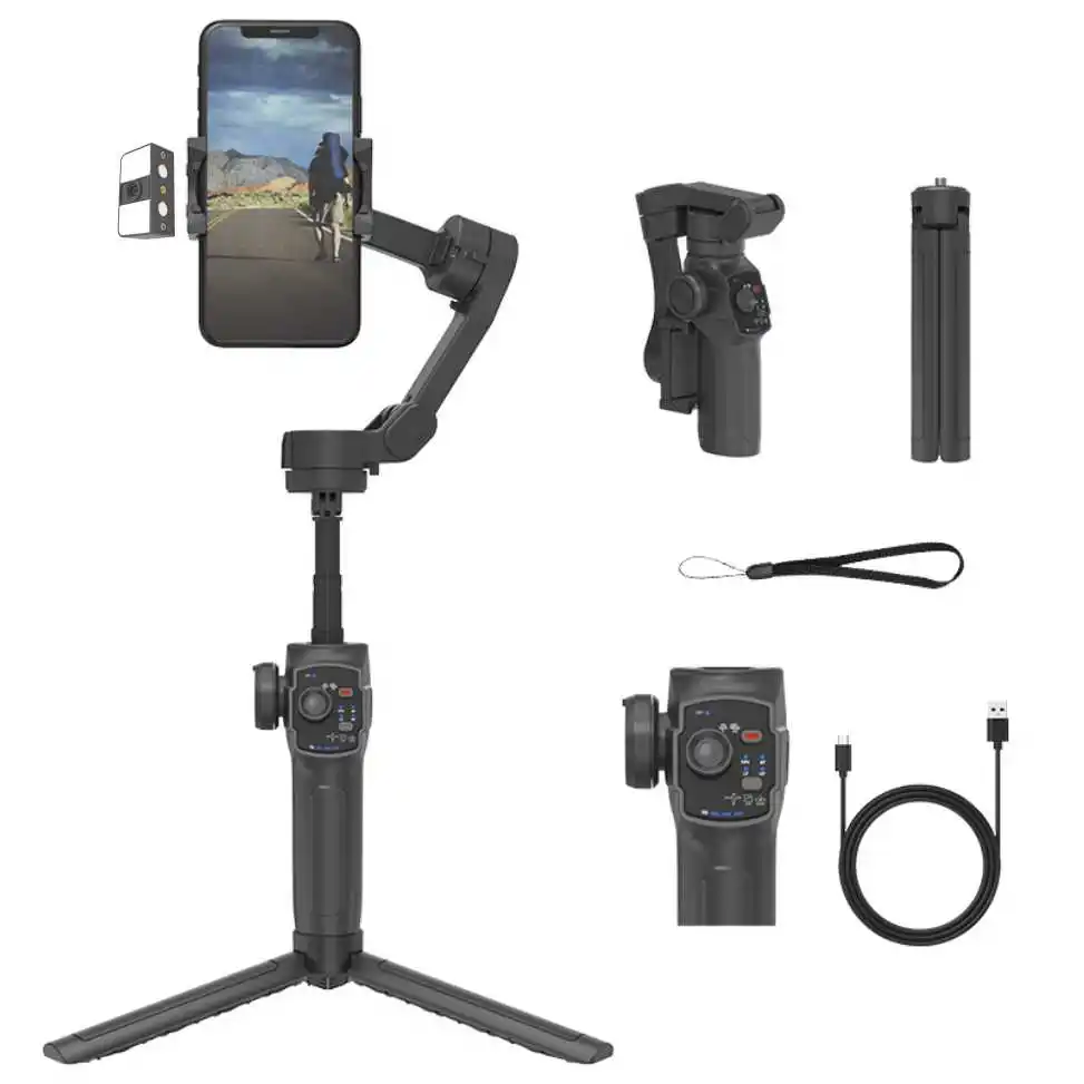 Popular 3-Axis Foldable Phone Gimbal Stabilizer With Fill Light, Inception Mode & Extension Rod Tripod