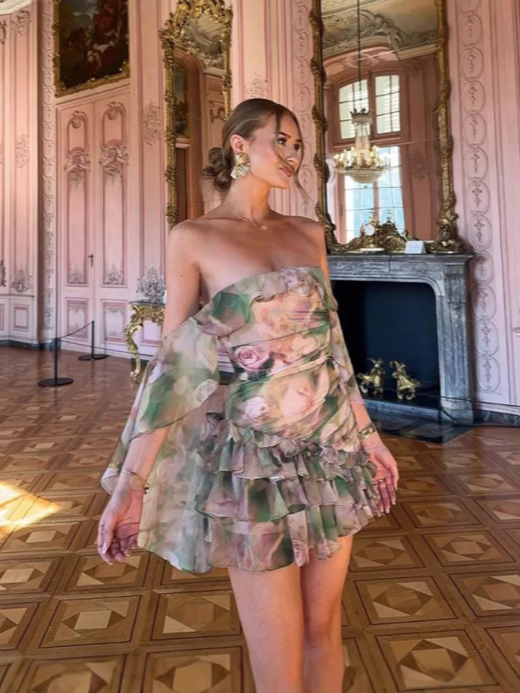 

Sexy Mini Dress Women Chic Chiffon Ruffled Strapless Backless Off-shoulder Layered Slim 2026 Lady Beach Party Dress