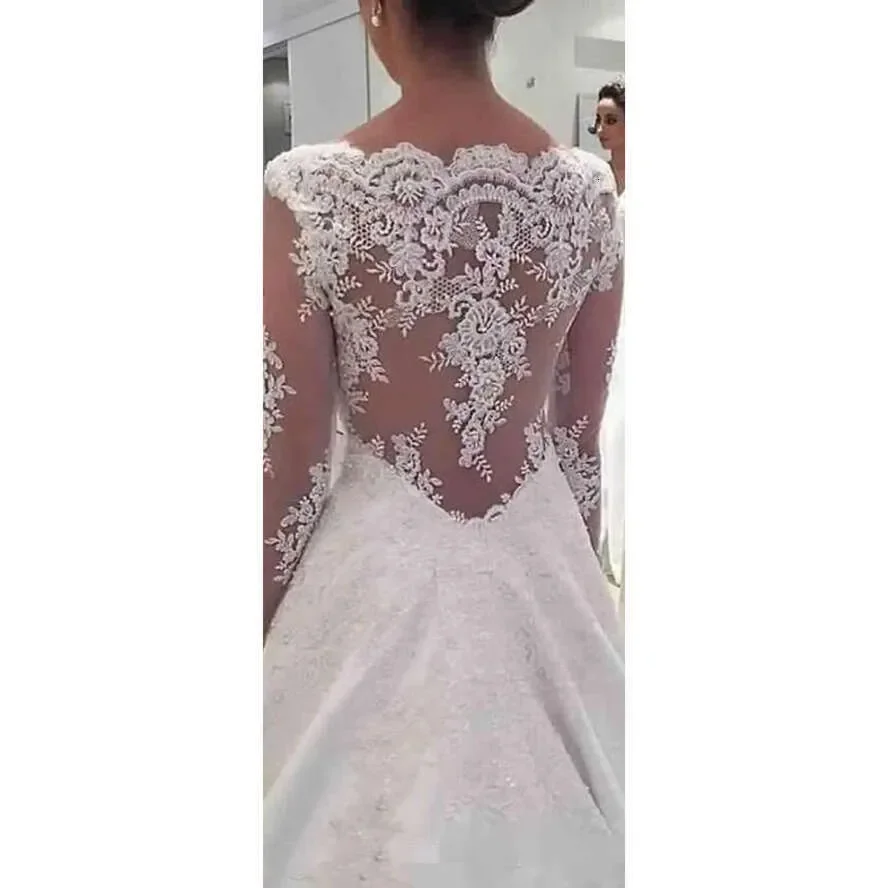 Vestidos modestos De manga larga festoneados con cuello en V Apliques De encaje corpiño De ilusión Vestido De Novia De satén Vestido De Novia Estido