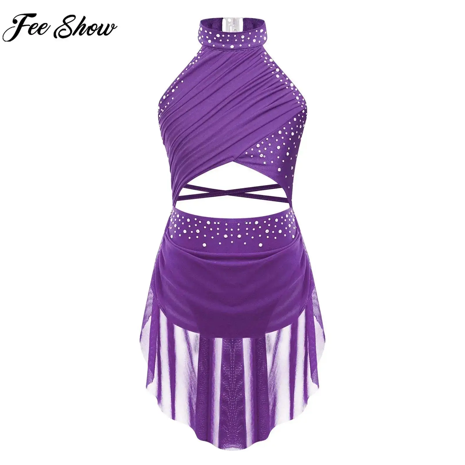 

6-16Y Girl Figure Skating Costume Modern Lyrical Dance Dress Sleeveless Rhinestone Mesh Ballet Gymnastics Leotard Tutu Dancewear