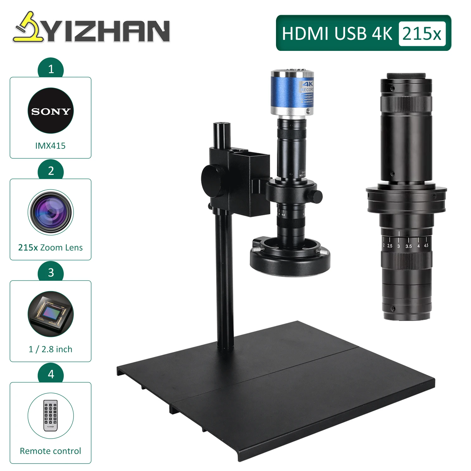 YIZHAN 215X 4K HD цифровой микроскоп Imx415 HDMI камера USB-C выход зум-объектив дистанционное управление компьютерное программное обеспечение дополнительное основание