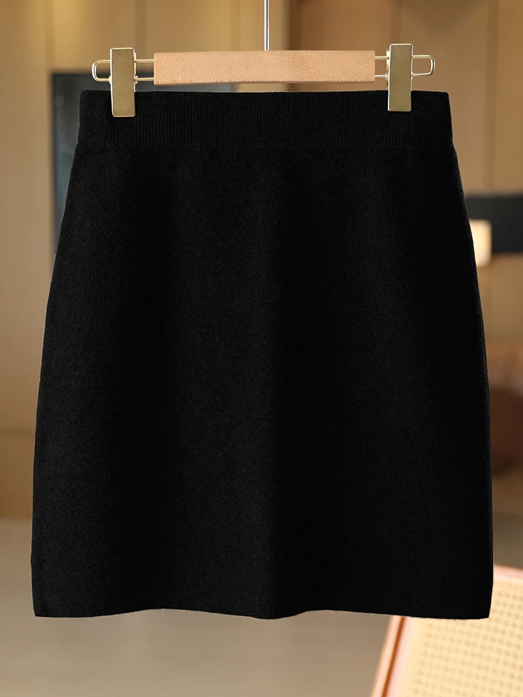 Autumn Winter Women Wool Skirt Elastic Waist Mini Slim Fit Cashmere Skirts 100% Merino Wool Knitted Office Lady Above Knee Dress