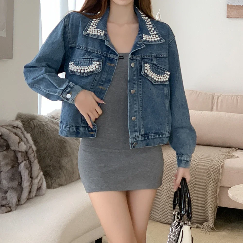 

Women's Cropped Denim Jacket with Rivet Beading Autumn Winter Crop Jeans Jacket for Women Korean Fashion Jacket Jeans Y2K Coat