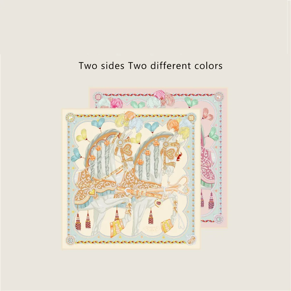 

90cm Silk Scarf Hourse Pattern Double Printed Square Scarf Luxury Design Echarpes Foulards Hijabs For Women Accessories