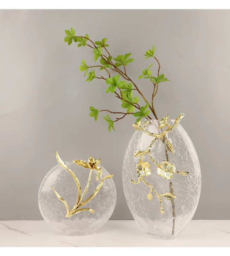 

Room Aesthetic Decor Golden Flower Decorative Cracked Glass Vase Flower Pots Desk Decoration Flower Arrangement Floral Vases