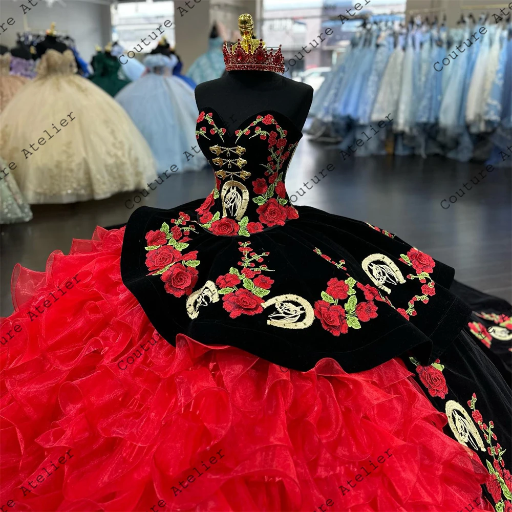 Red Ruffels Black Velvet Roses Embroidery Quinceanera Dresses For Girl  Ball Gown Dress For Sweet 15 16 Sweetheart vestidos