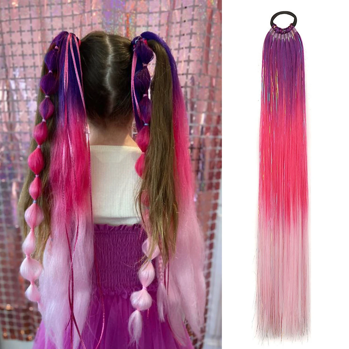 

Purple Red Pink Tinsel Ponytail Extension with Elastic Hair Tie Synthetic Braiding Hair For Kids Girls Crazy Hair Day Brave Hair