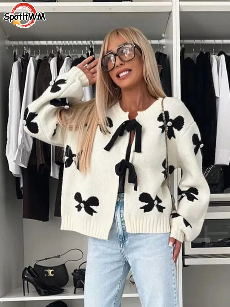 New Printed O Neck Lace Up Women\'s Sweaters Fashion O Neck Long Sleeves Knitwear Cardigans 2024 Autumn Ladies Office Warm Coats