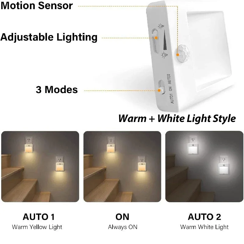 2 In 1 Bewegingssensor Nachtverlichting Us Eu Uk Au Plug Dimbaar Led Warm Wit Omgevingslicht Slaapkamer Woonkamer Toilet Trap Keuken