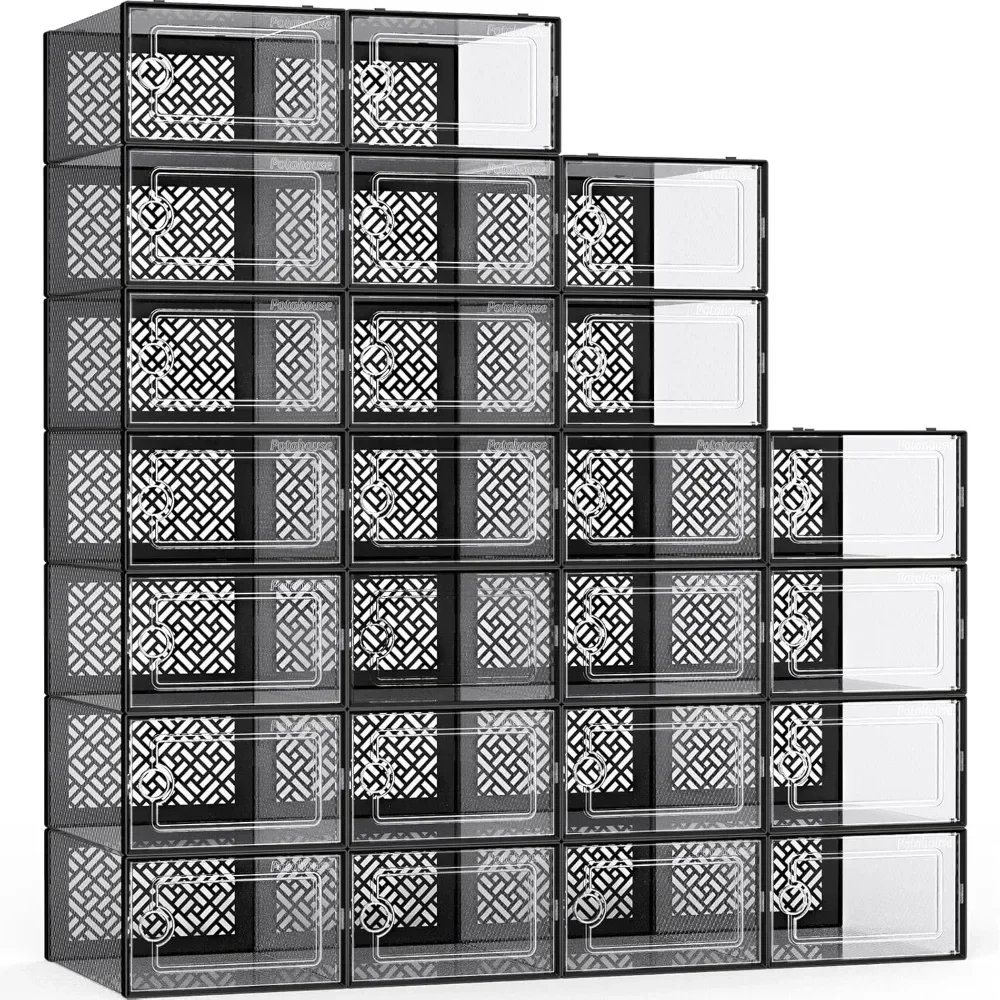 Caja de almacenamiento de zapatos X-Large mejorada, paquete de 24 cajas de zapatos, puerta transparente apilable, compatible con talla estadounidense, 11 para hombres y mujeres, organizador de zapatos