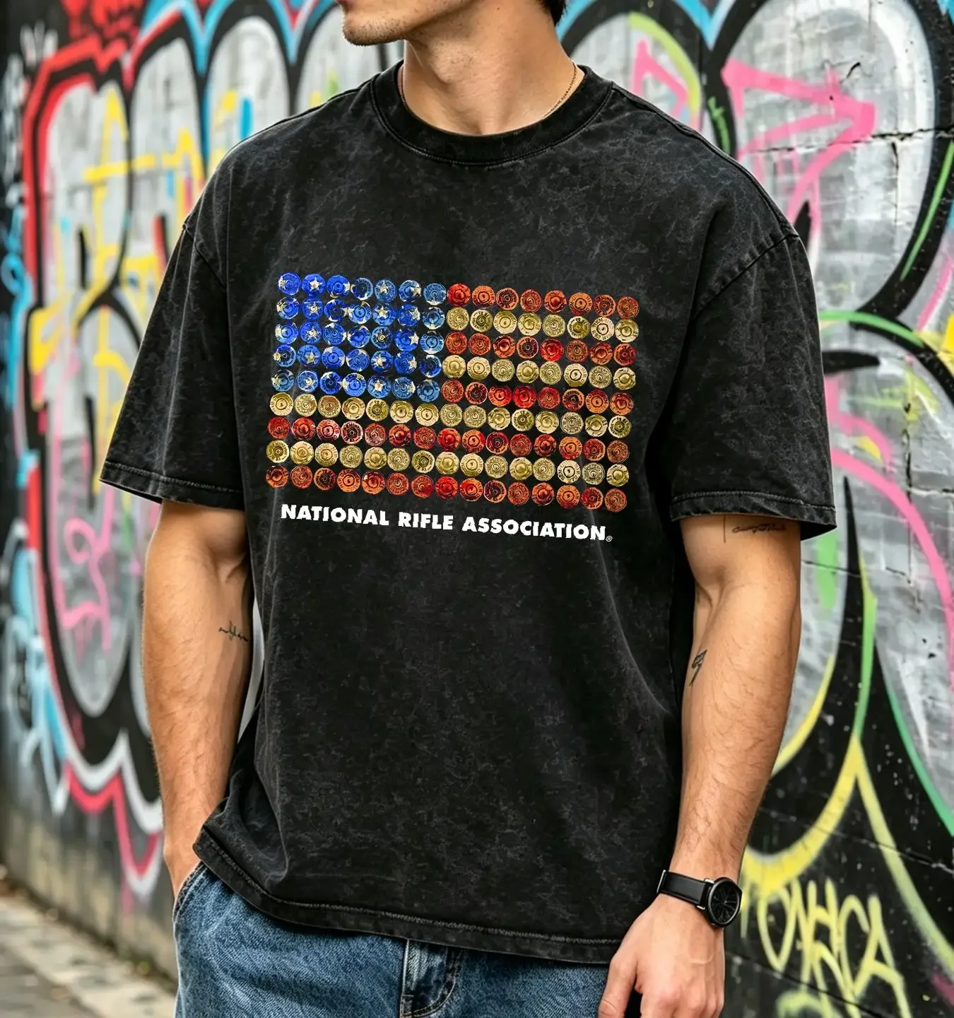washed T Shirt NRA American Flag Bullets Mens Sz M 2nd Amendment Guns Firearms Hunting long or short sleeves vintage Washed