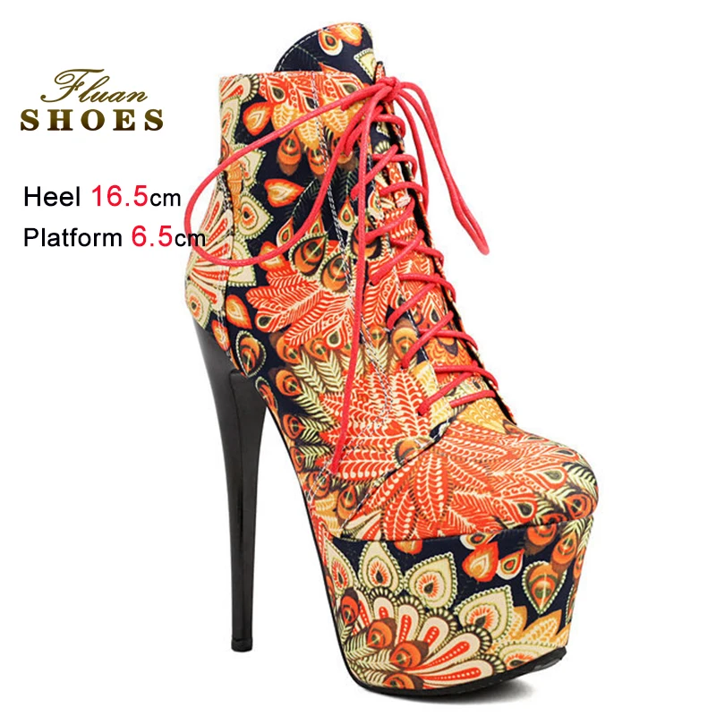 

Spring Fall Yellow Flowers Women's Ankle Boots Round Toe Thin Heels 16.5cm Platform Zipper Lace Up Ladies Boots Dance Shoes CD