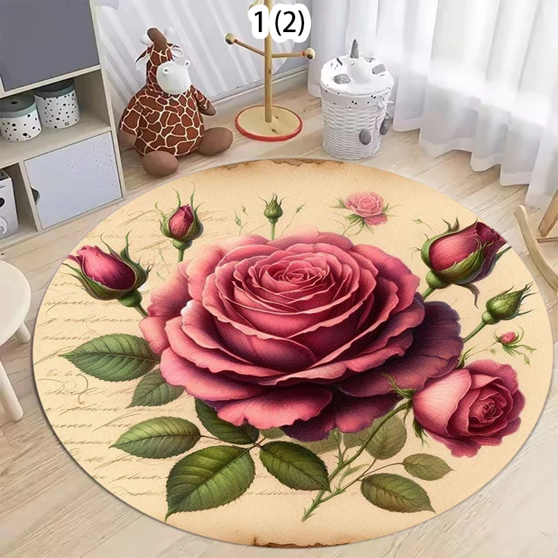 Rose Bouquet Pattern Round Area Rug Elegant Retro Style Non-Slip Floor Mat for Living Rooms Home Decor Areas