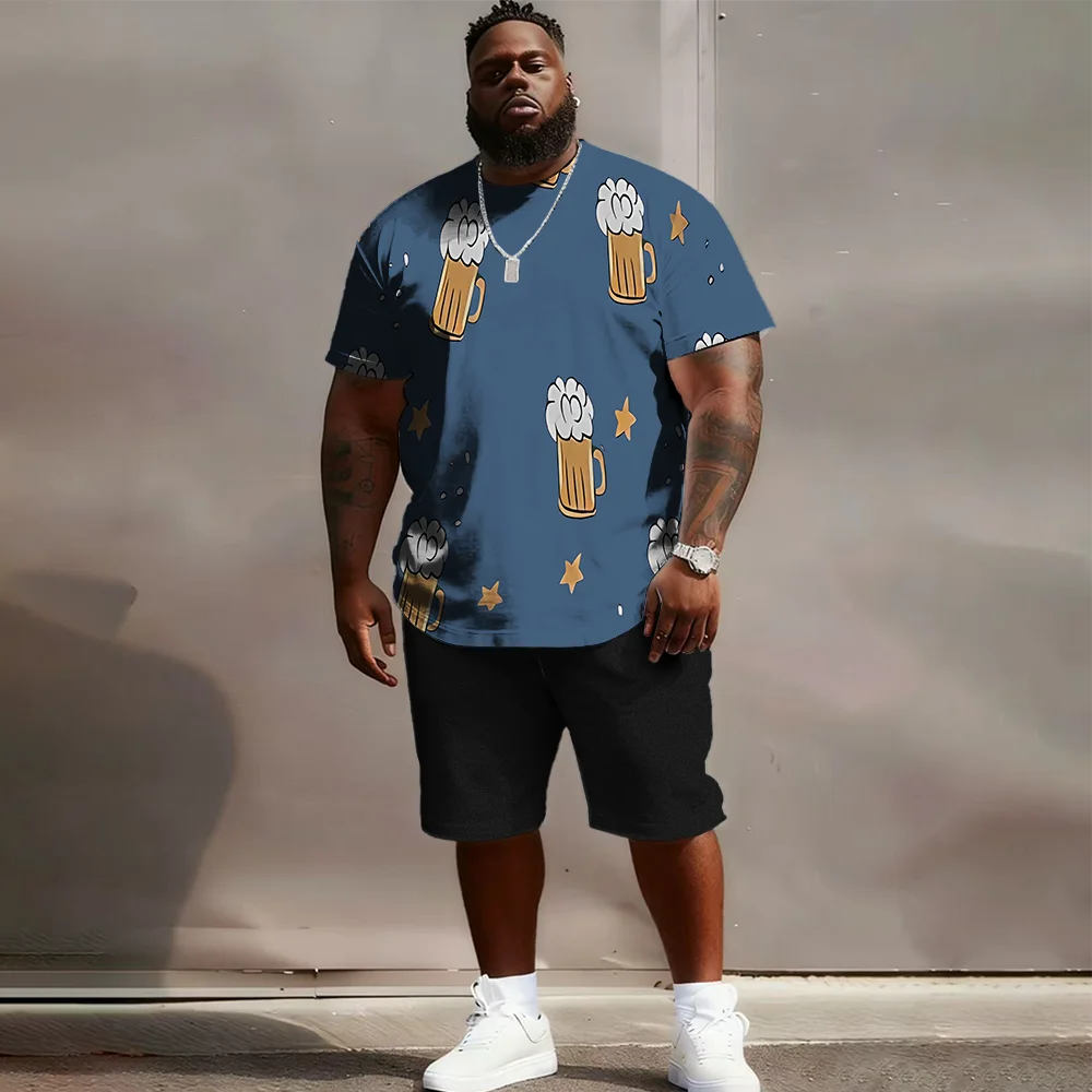 

S-9xl plus size Men's Short Sleeve Set: Beer-Vibe Chic - 2-Piece Big & Tall Fit, Soft Fabric, Sleek Beer Mug Prints