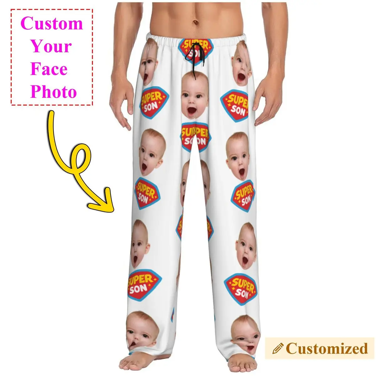 

Super Son Custom Pajama Pants Men Personalized Face Photo Design Sleep Sleepwear Bottoms with Pockets
