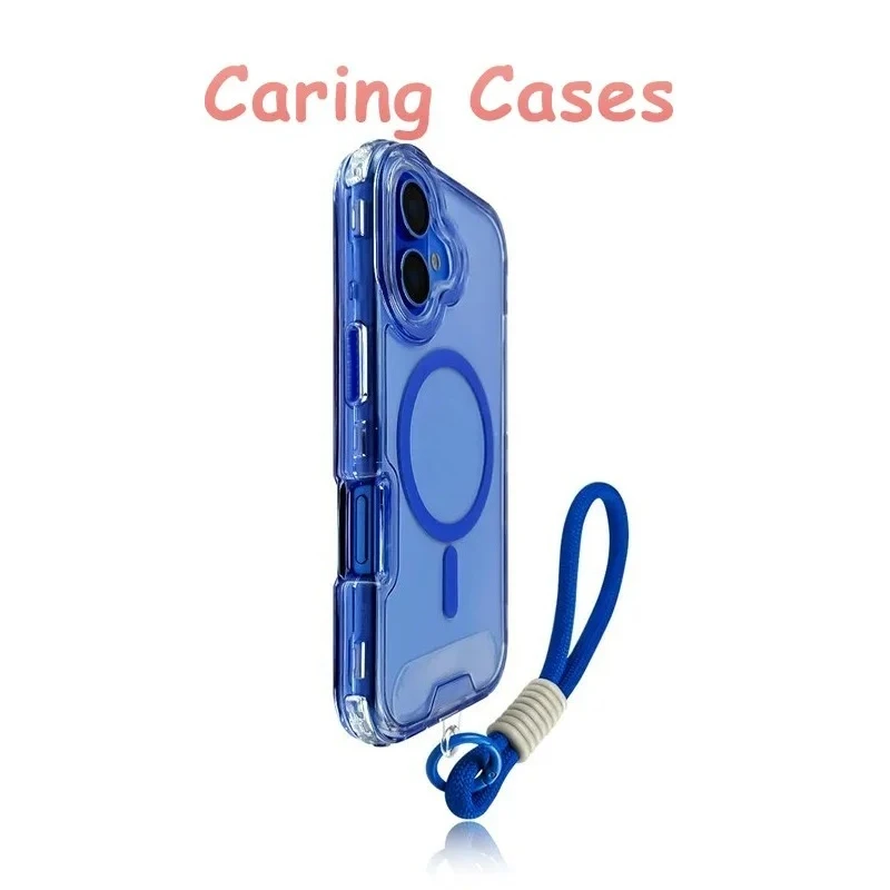 حافظة لهاتف آيفون 17 برو ماكس فوشيا شفافة MagSafe 2 في 1 حبل مقاوم للصدمات متوافق مع آيفون 16 15 14 13 12 11