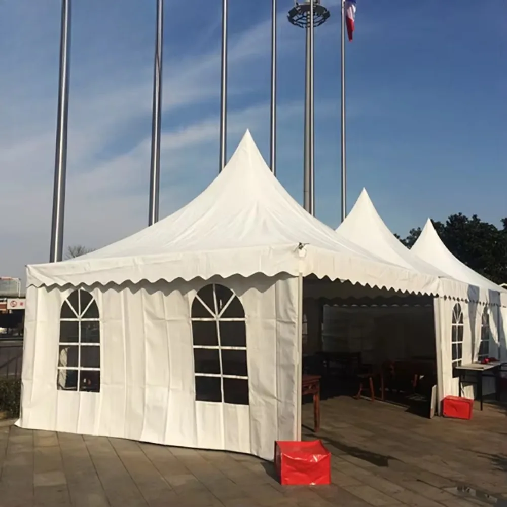 Movable Aluminum Frame High‑Peak Pagoda Tent, Waterproof Heavy‑Duty PVC Shelter for Outdoor Market Stalls and Street Food Booths