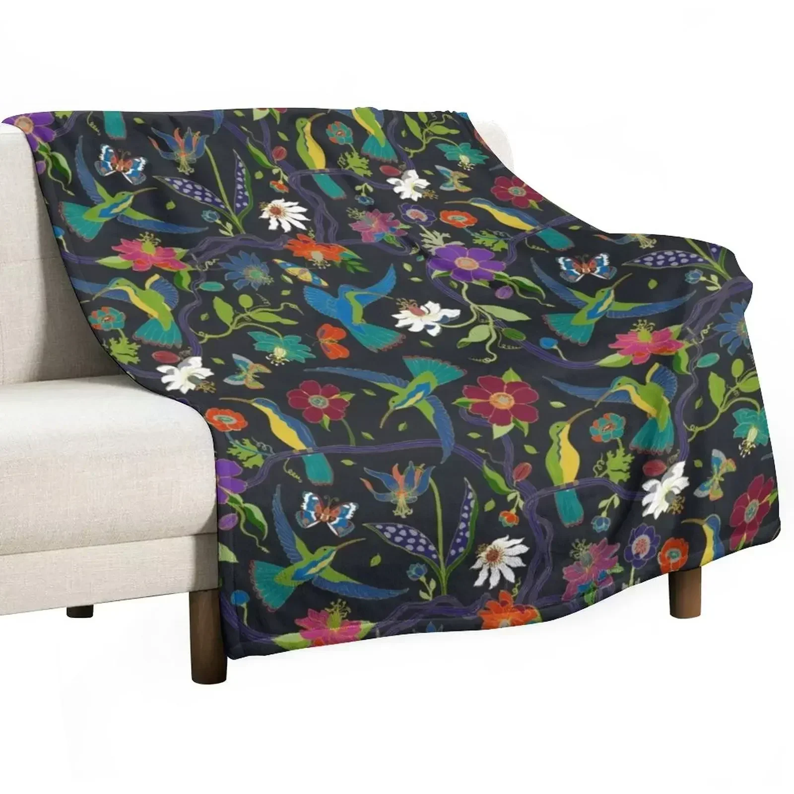 Hummingbirds and Passionflowers - Cloisonne on Black - pretty floral bird pattern by Cecca Designs Throw Blanket Plaid Blankets