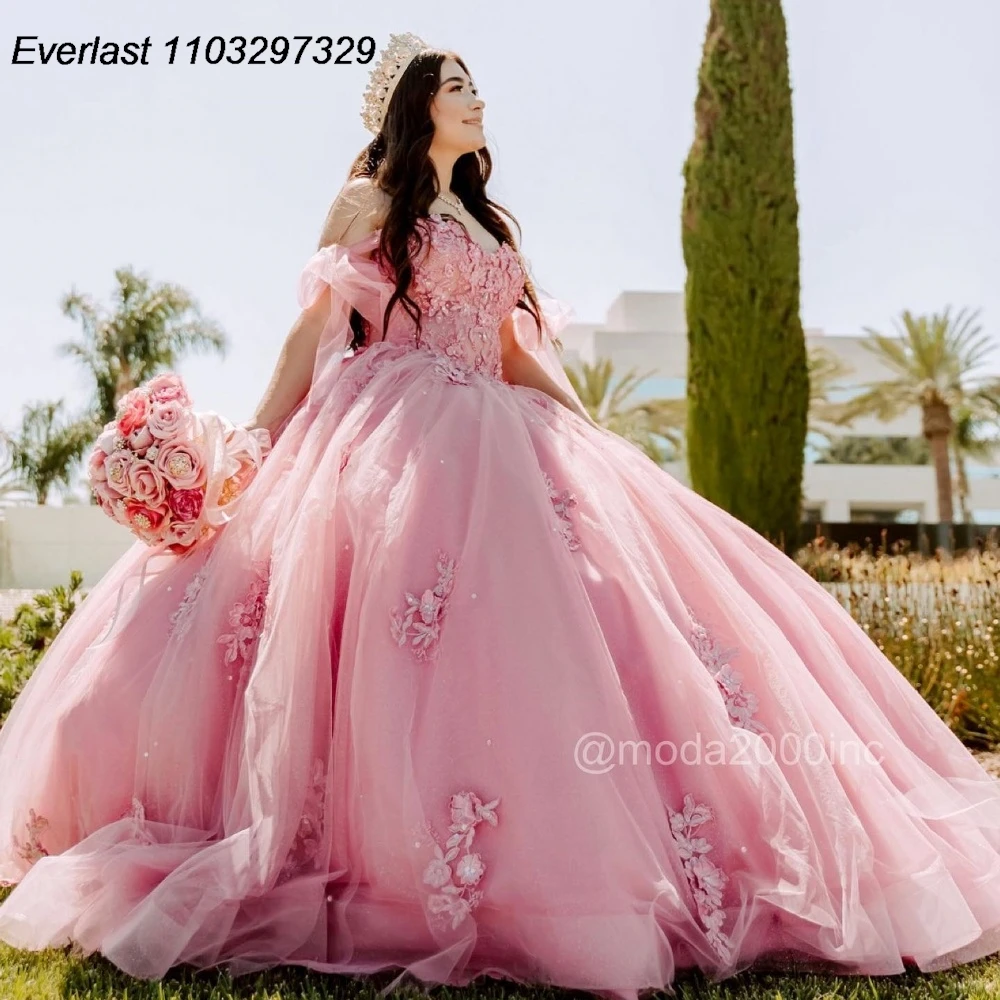 

EVLAST, мексиканское розовое платье Quinceanera, бальное платье, Цветочная аппликация, бисером, с открытыми плечами, корсет, милое 16 Vestidos De 15, TQD825