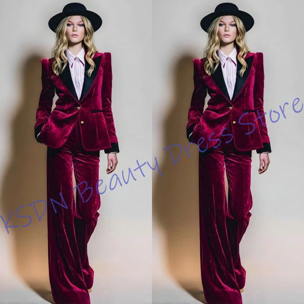 

Burgundy Velvet Women's Suit Peak Lapel 2 Piece Set Slim Fit Jacket+Wide Leg Pants for Stage Performance Formal Evening Parties
