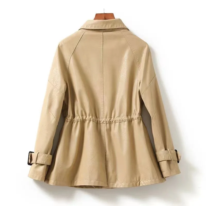 Trench in pelle di pecora per donna Cintura con lacci Capispalla in pelle crosta 2024 Colletto alla coreana Giacca da donna in pelle di agnello da donna