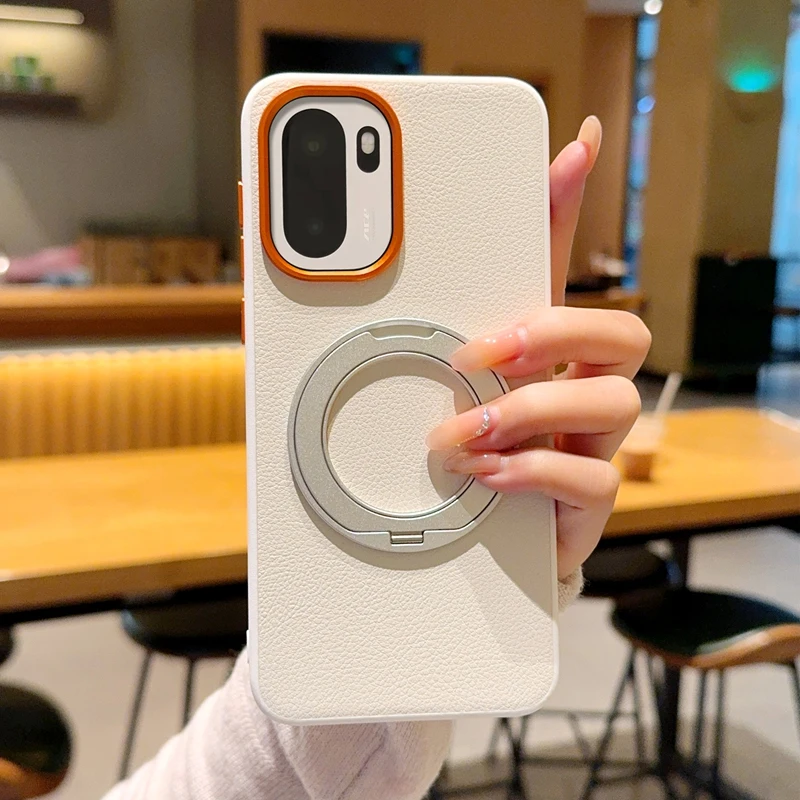 

Магнитный кожаный чехол премиум-класса с узором личи для Oneplus 15R, металлический чехол-подставка для кольца на палец для Oneplus 15, задние подставки Oneplus 15 15R