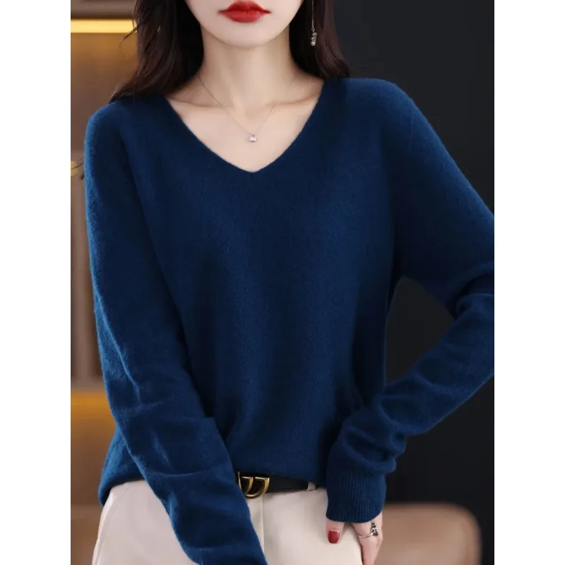 

Fashion 100% Merino Wool Women Knitted Sweater V-Neck Long Sleeve Pullover Autumn Winter Cashmere Clothing Jumper Top N109