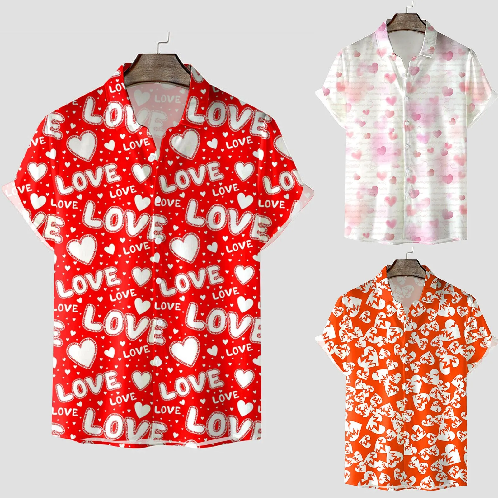 Heart Graphic Print Turn Down Collar Short Sleeve Shirts Summer Blouse Men's Clothing Valentine's Day Tops Hombre Ropa Tees