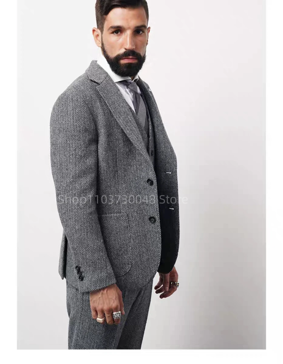 

Серый узор в елочку, шерстяной твид с двумя пуговицами, комплект пиджаков, смокинги для жениха, официальные мужские деловые свадебные костюмы, куртка, брюки, жилет