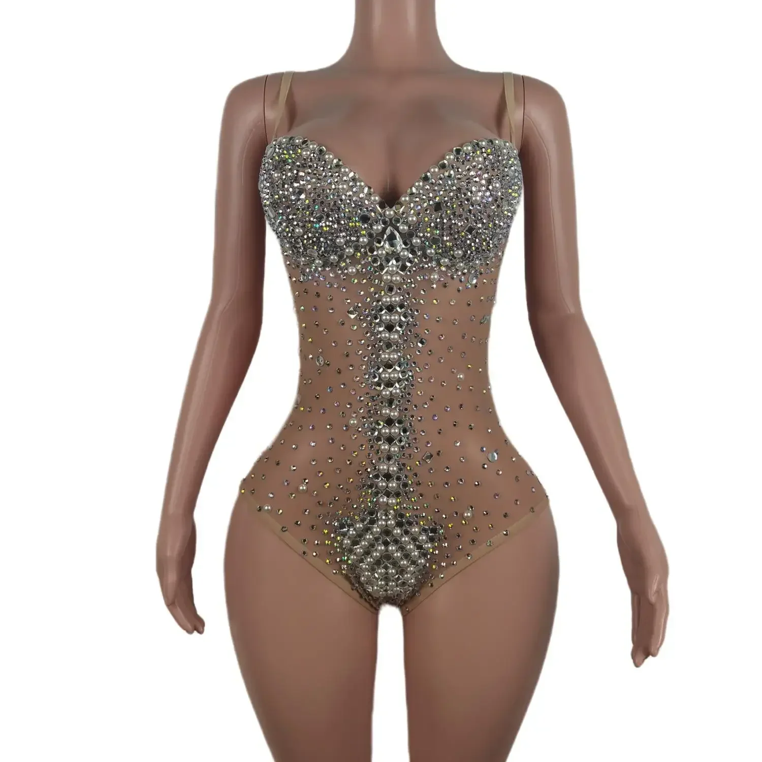 Sexy Rhinestone Dancer Bodysuit Women Sleeveless Elastic Mesh Crystal Jumpsuit Pearls Showgirl Leotard Stage Costume Yemingzhu