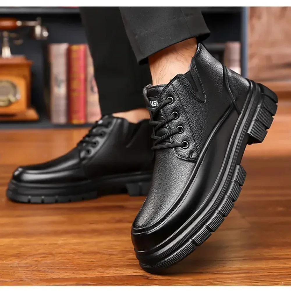 

Winter Warm Cotton Boots for Men Fashion Casual Black New Designer Cow Leather Shoes Male Soft Sole Platform Ankle Boots Man