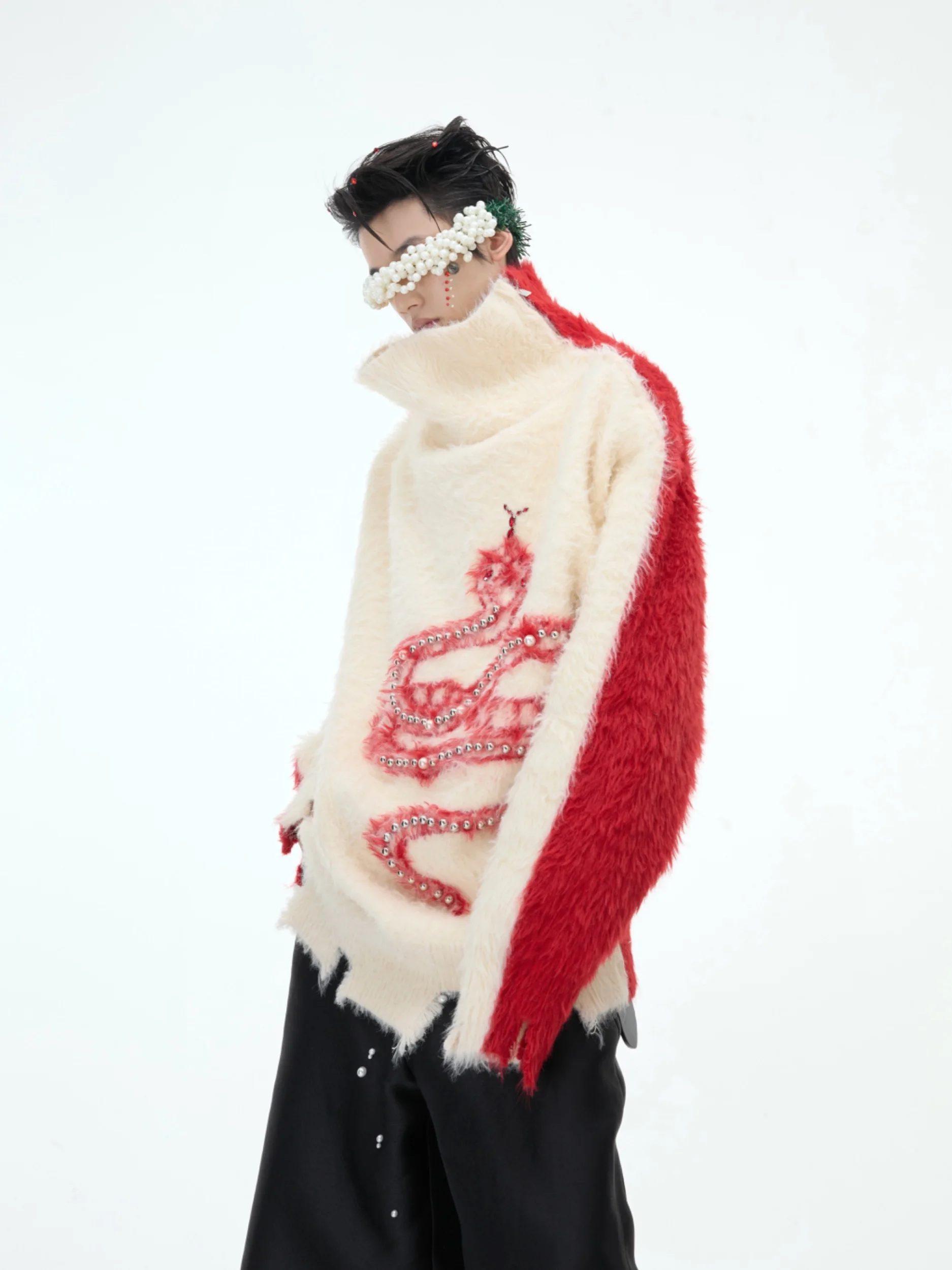 Soft Cozy High Collar Sweater with Pearl Decoration Snake Year Snakeskin Pattern Velvet Texture Winter Casual Knitted Top
