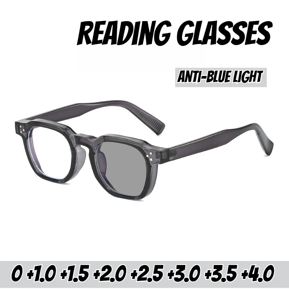 

Men's Fashion Trend Photochromic Reading Glasses Neutral New Classic Square Large Frame Anti-blue Light Presbyopia Glasses +4.0