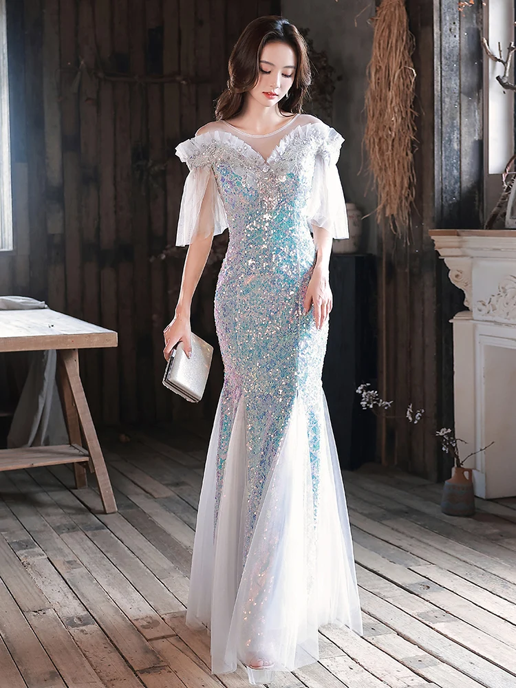 

iny Sequin Evening Dr 2025 High-End Tailored Fairy T Design Luxury Adult Ball Host Gown Korean Sle Zipper