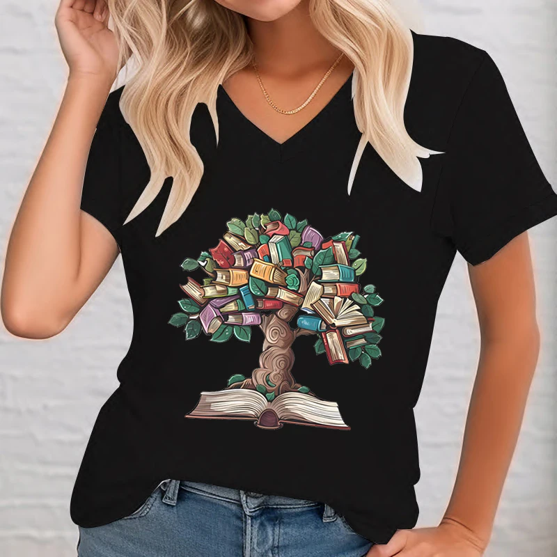 Vintage Book Tree Graphic T Shirt Women Reading Lover Gift Summer Clothes Women Vintage Retro Book Essential Short Sleeve Tshirt