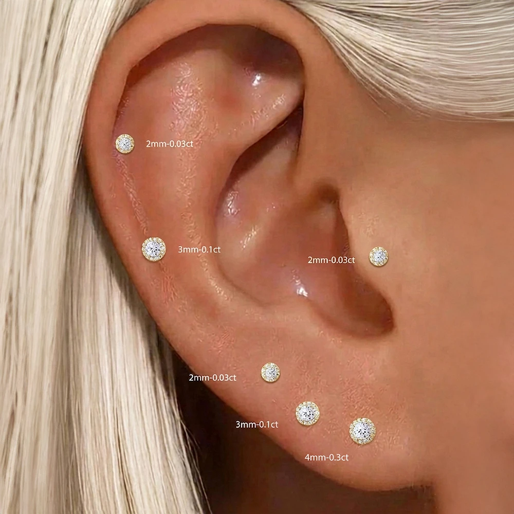 Aide 1 Stück 925 Sterling Silber Moissanit Halo Piercing Ohrstecker mit Schraubverschluss, rund, für Knorpel, 2-4 mm, für Damen und Herren – Detail 13
