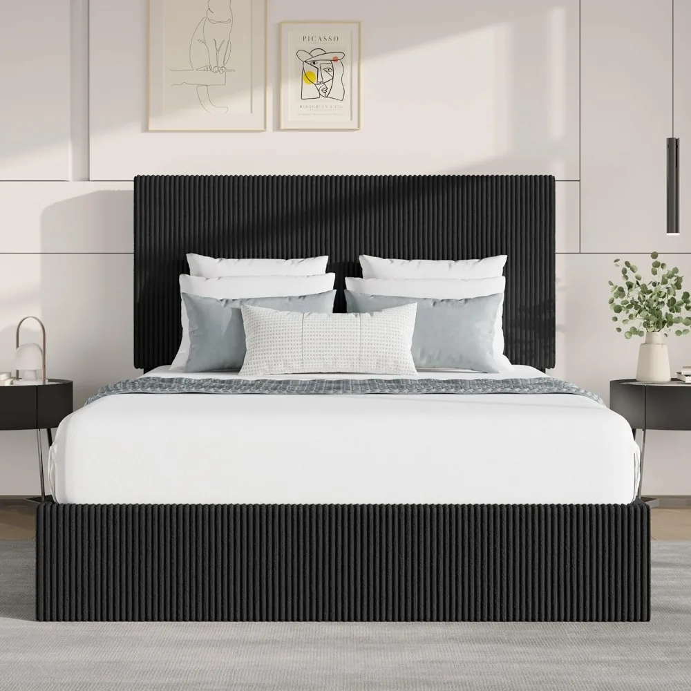 Queen Bed Frame, Corduroy Upholstered, Tufted Headboard, Low Profile, Black