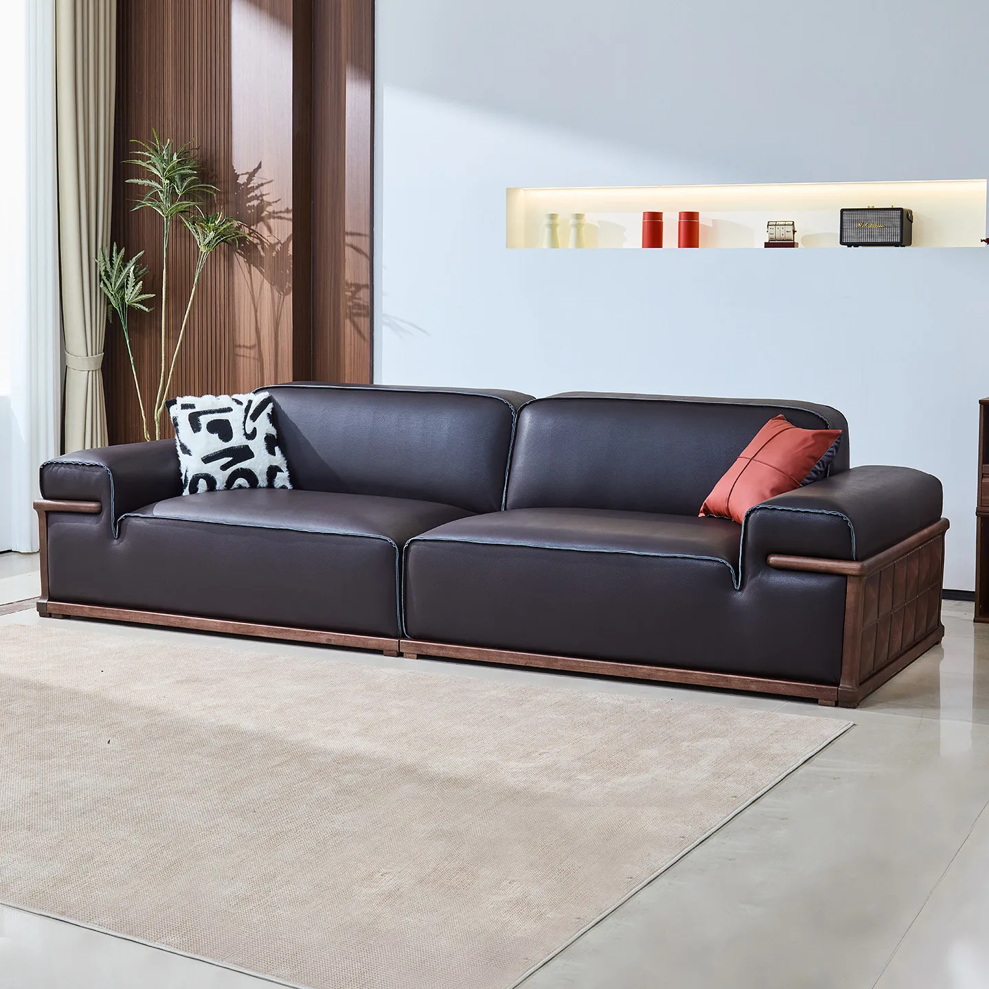 Leather sofa, Italian minimalist, straight row solid wood, black walnut