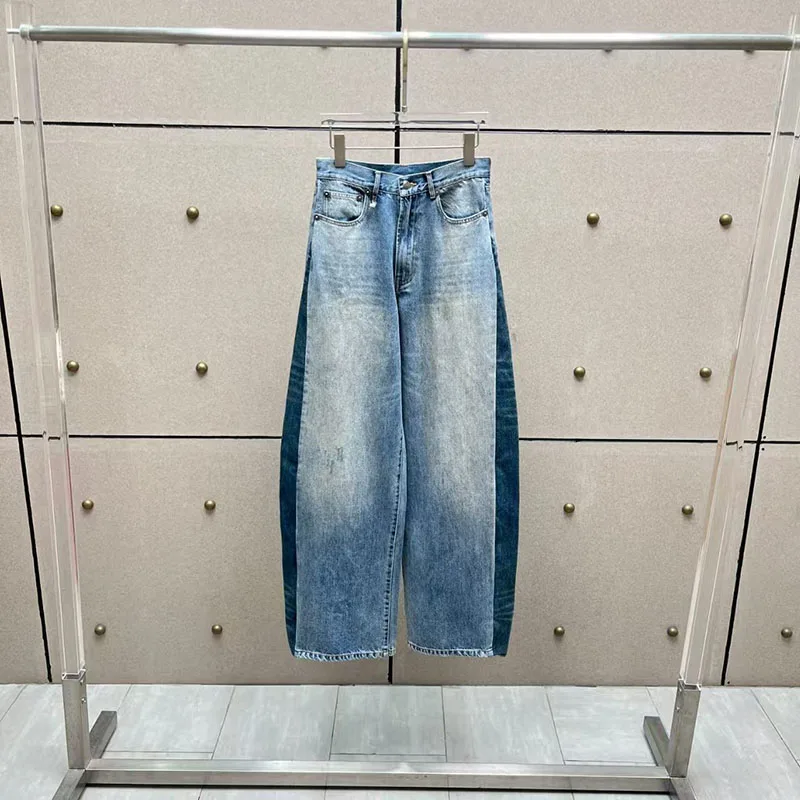 

Retro washed, aged, color-blocking, loose, slimming, versatile high-waisted straight-leg jeans and wide-leg pants 2025 new style