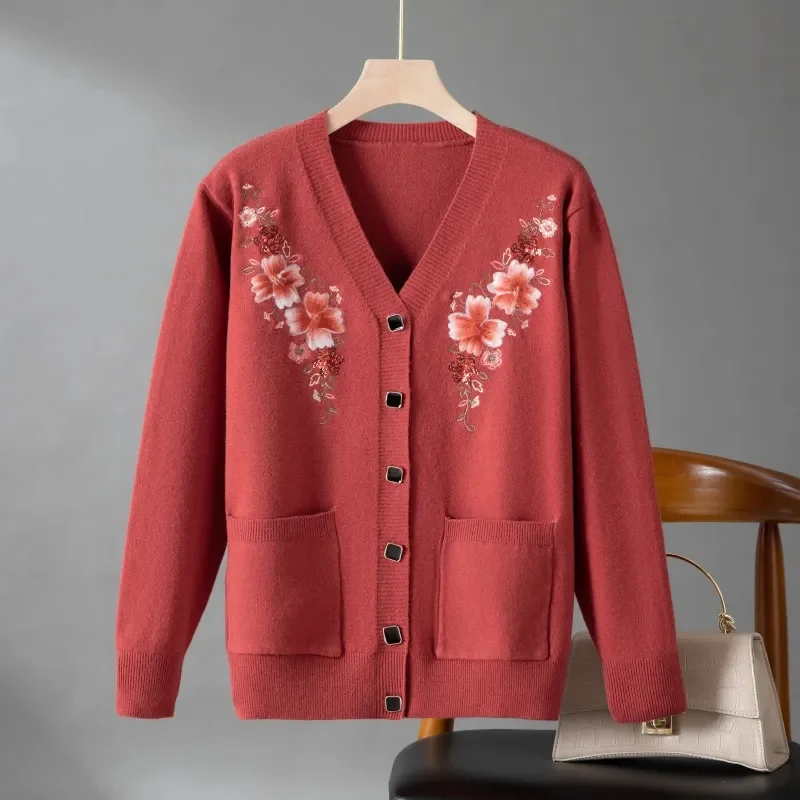 Middle Aged And Elderly Clothing knitted Sweater Cardigan Stylish Mom Spring And Autumn Coat Enlarged Embroidered V-Neck Loose T