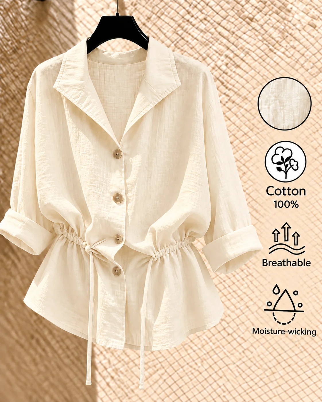 Women’s 100% Cotton Drawstring Waist Shirt, Long Sleeve Breathable Loose Fit Casual Blouse, Lightweight Summer Top for Women