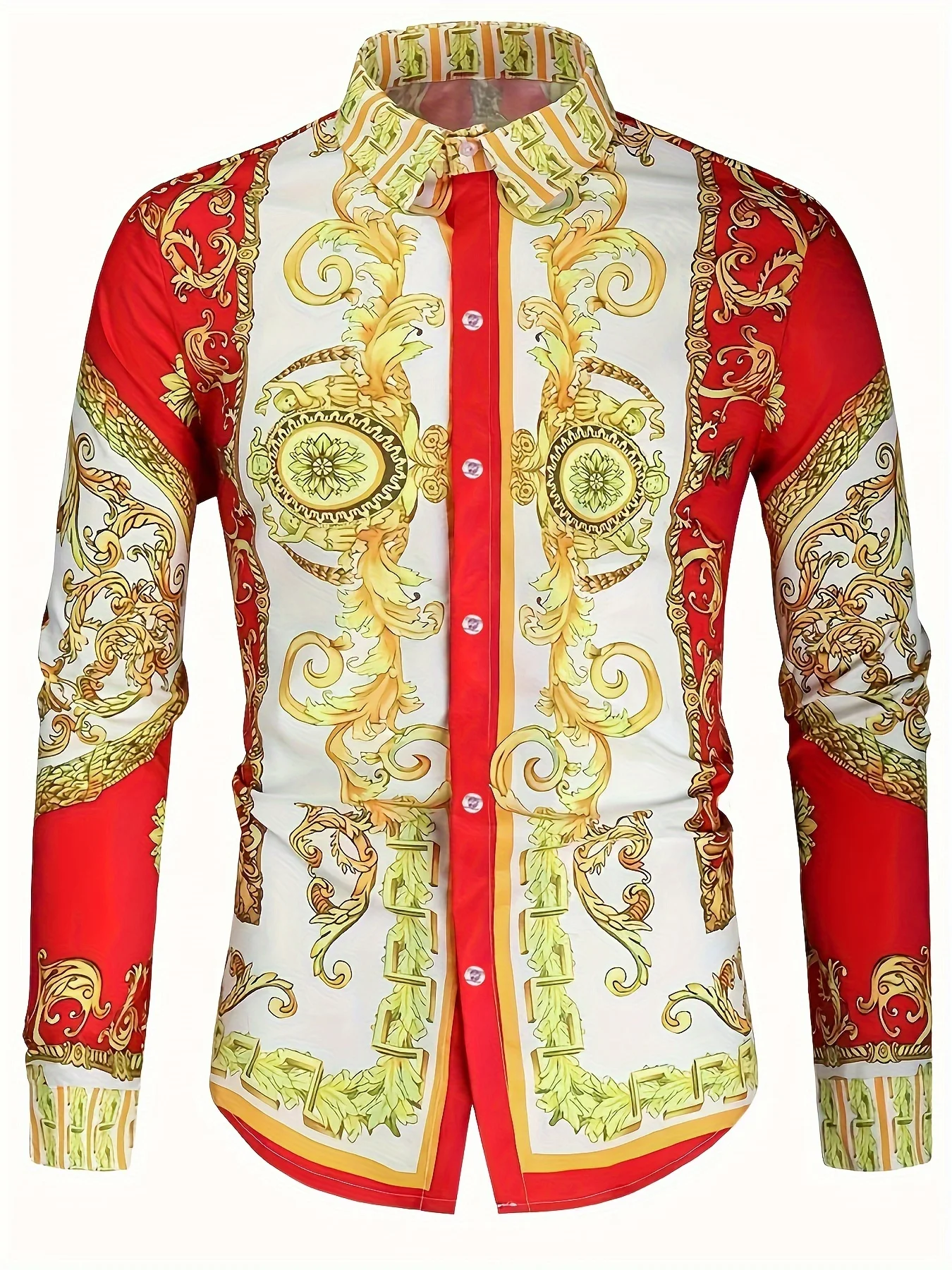 

Men's Classic Luxury Retro Baroque Digital Printed Long sleeved Shirt with Button Collar, Casual Versatile Men's Top, Rich and T