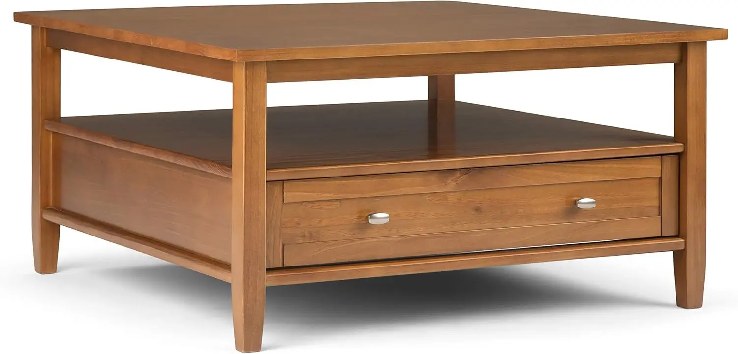 Warm Shaker Solid Wood 36 Inch Wide Square Coffee Table In Light Golden Brown, For The Living Room And Family Room