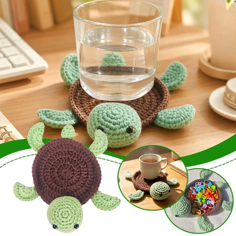 Kawaii Cute Handmade Crochet Turtle Style Cup Mat Heat Resistant Thermal Insulation Table Protector DIY Kitchen Decor Coaster